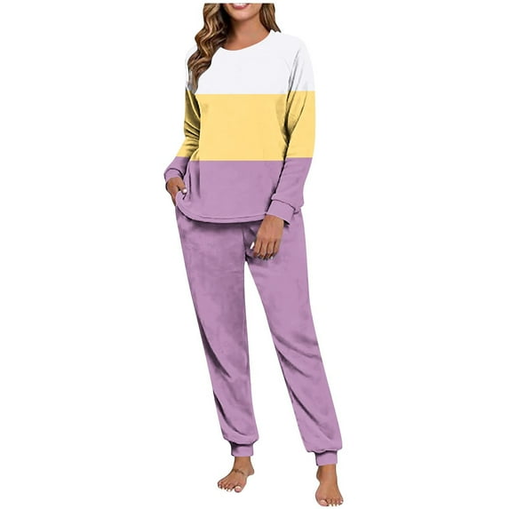 Fengactive Women's Pajamas Set 2 Piece Striped Plush Fall Winter Long Sleeve Sleepwear Soft Lounge Outfits With Pockets