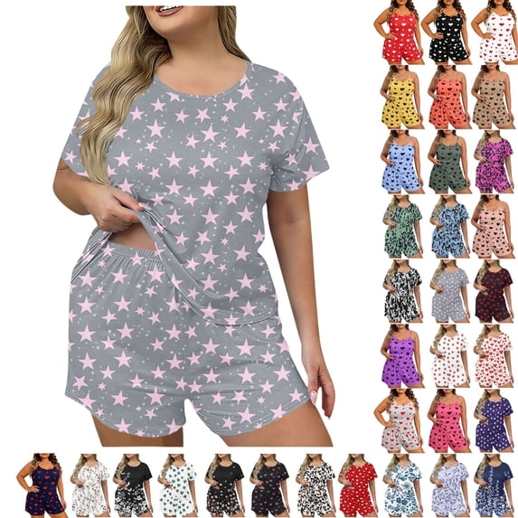 Fengactive Women's Plus Size Pajama Set Cute Cartoon Print Sleepwear Short Sleeve Top and Shorts Loungewear