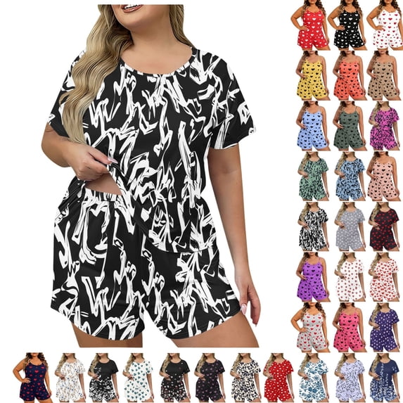 Fengactive Women's Plus Size Pajama Set Cute Cartoon Print Sleepwear Short Sleeve Top and Shorts Loungewear