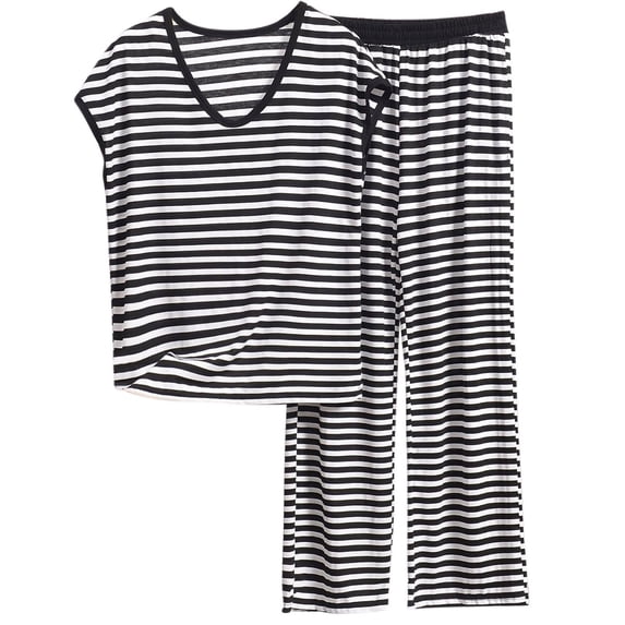 Fengactive Women's Plus Size Pajamas Set Striped Lounge Sets Short Sleeve Sleepwear Soft Pajamas Pants Set