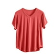 thumbnail image 1 of Fengactive Women's Plus Size T-Shirts Fashion Solid Short Sleeves V-Neck Basic Shirts Curved Hem Pleated Shirts Workout Tops, 1 of 8