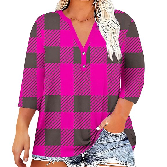 Fengactive Women's Plus Size Top V Neck Shirt 3/4 Sleeve Button Front Round Neck Tee Basic Ladies Loose Fit T Shirt