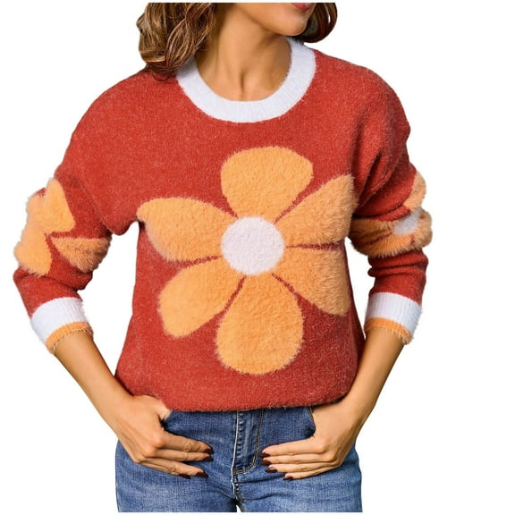 Fengactive Women's Plush Chunky Sweaters Flower Long Sleeve Oversized Crewneck Pullover Tops Color Block Fashion 2025
