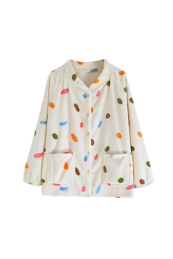 Women's Plush Floral Pajama Tops Button Down Sleepwear Jacket Soft Warm Winter Coat with Pockets