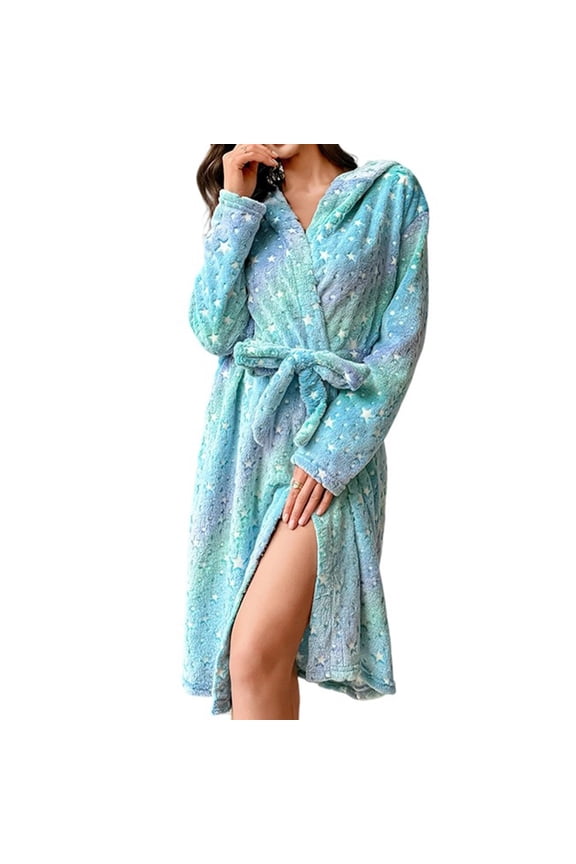Women's Plush Hooded Robe Soft Fluffy Robe Long Warm Soft Star Print Winter Bathrobes