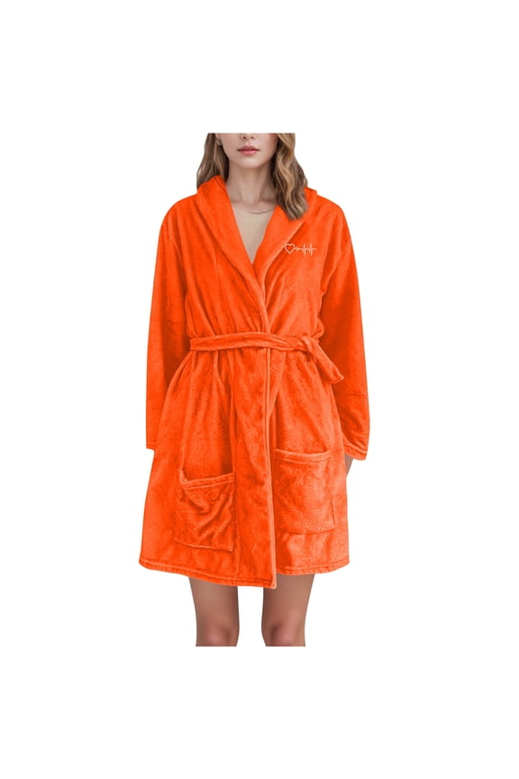 Women's Plush Soft Warm Plush Bathrobe Robe Heartbeat Mid-Length Tie Waist Shawl Collar Robe with Pockets