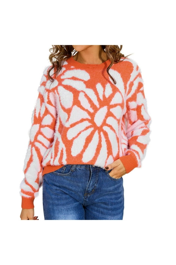 Women's Plush Sweaters Flower Long Sleeve Oversized Crewneck Pullover Tops Color Block Fashion 2025