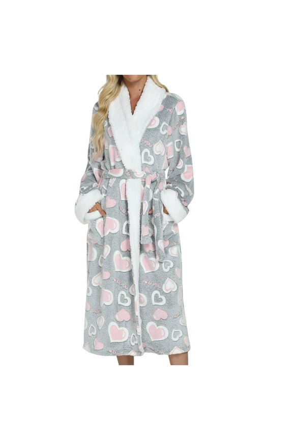 Women's Plush Warm Long Robe Heart Print Bathrobe Thick Fluffy Loungewear Robes with Pockets
