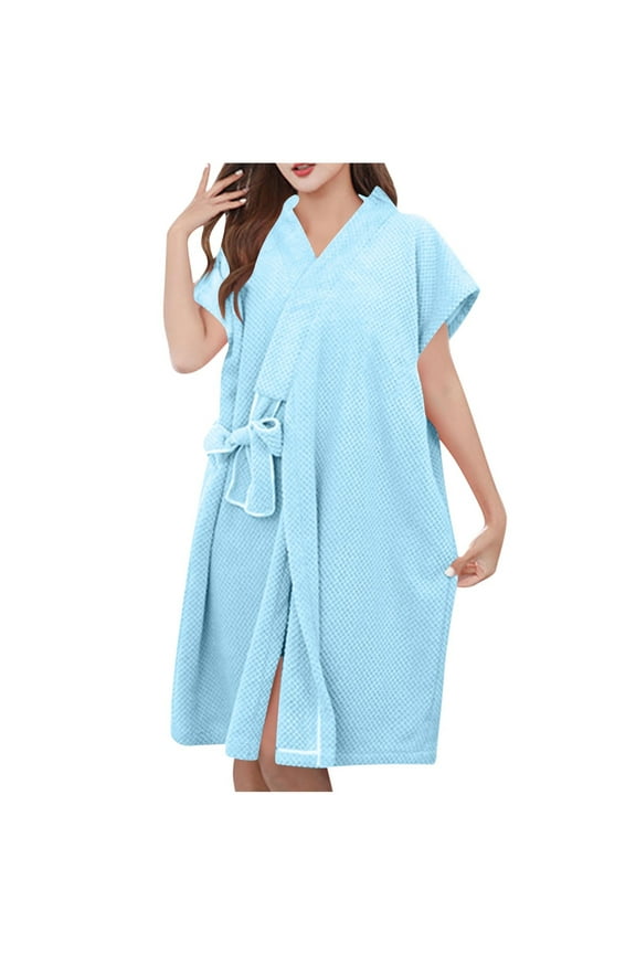 Women's Quick Dry Bathrobe Short Sleeve Tie Waist Winter Wrap Shower Bath Body Towel Robe Sleepwear