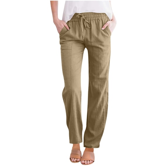Fengactive Women's Relaxed Fit Cotton Linen Lounge Pants for Women Solid Color Elastic Waist Drawstring Trousers with Pockets
