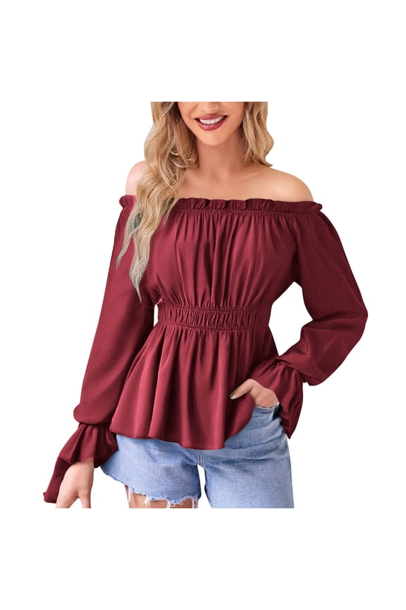 Women's Renaissance Blouse Off Shoulder Bell Long Sleeve Tops Peasant Blouse Casual Fall Smocked Top