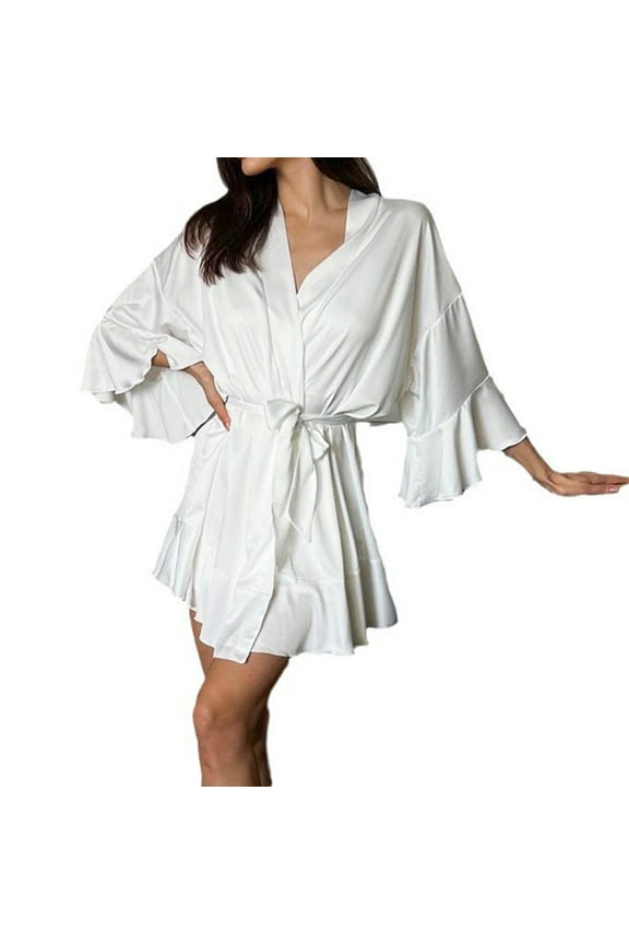 Women's Robe Short Ruffle Hem Silky Robes Lightweight Brides Bathrobes Sleepwear
