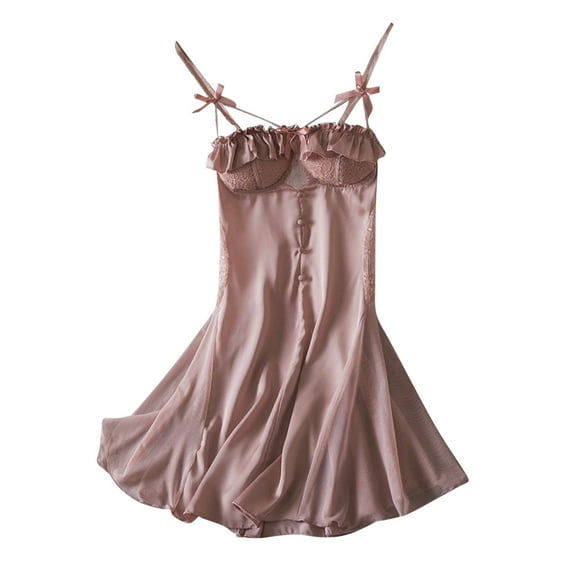 Fengactive Women's Robes Nightgowns Sexy Lace Bow Ruffle Nightdress Spaghetti Strap Pajamas with Chest Pad