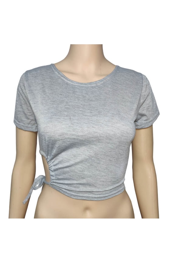 Women's Round Neck Short Sleeve Drawstring Side Slim Fit Stretchy Crop Tops