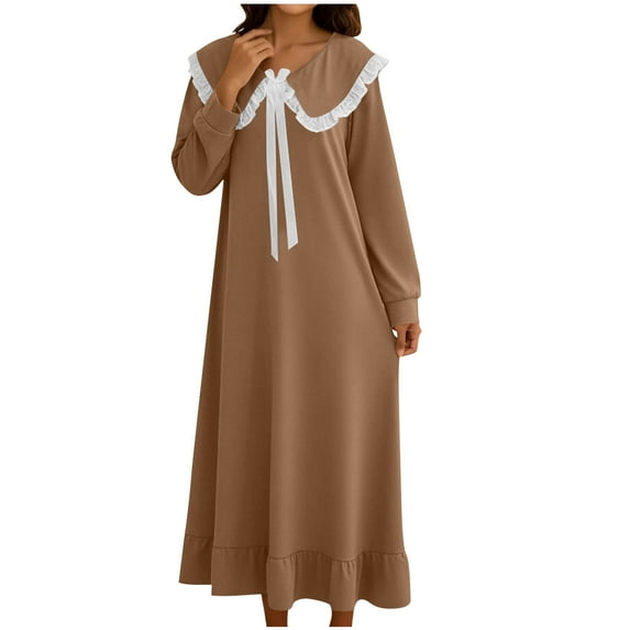 Fengactive Women's Ruffle Cute Collared Nightgown Long Sleeve Loose Long Nightshirt Laceup Front Sleepshirts Nightdress