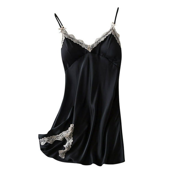 Fengactive Women's Satin Sexy Nightgown with Built in Bras Lace Trim Spaghetti Strap Sleepwear Nightdress