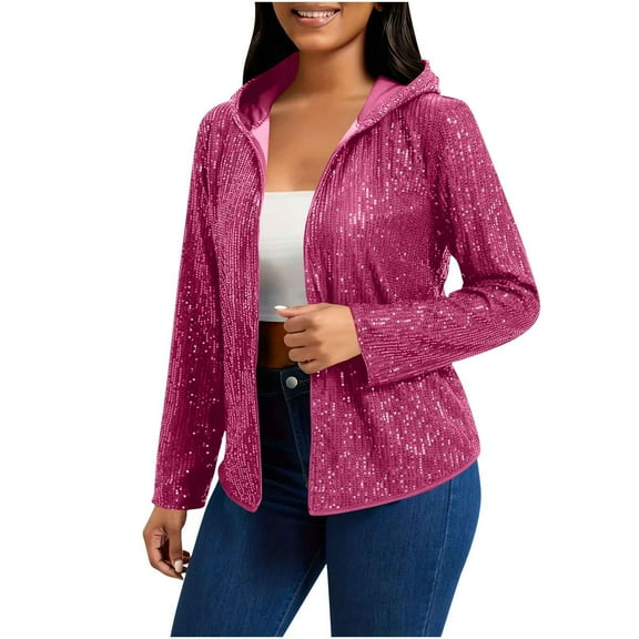 Fengactive Women's Sequin Jackets Long Sleeve Hooded Open Front Cardigan Glitter Short Casual Coat Party Christmas Clubwear