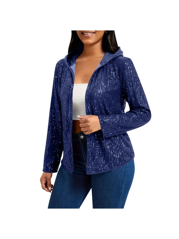 Women's Sequin Jackets Long Sleeve Hooded Open Front Cardigan Glitter Short Casual Coat Party Christmas Clubwear