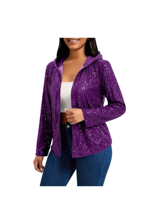 Women's Sequin Jackets Long Sleeve Hooded Open Front Cardigan Glitter Short Casual Coat Party Christmas Clubwear
