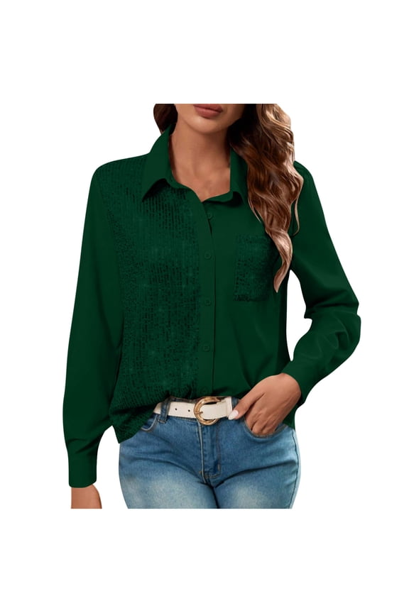 Women's Sequin Shirts Fashion Dressy Button Down Blouses Long Sleeve Lapel Neck Pocket Tops Casual Shirt
