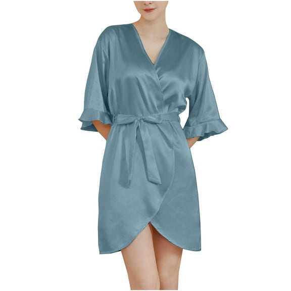 Fengactive Women's Short Loungewear Robe, V-Neck Short Ruffle Trim Sleeve Pajamas Wedding Party Dressing Gown