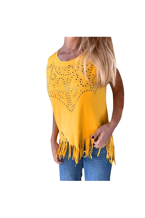 Women's Short Sleeve Crew Neck Shirts Fringe Rhinestone Shirts Summer Irregular Tassel Hem Tops