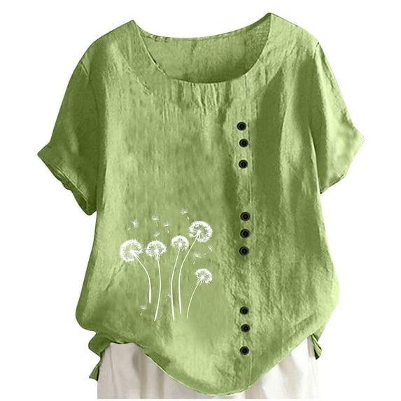Fengactive Women's Short Sleeve Crew Neck Tops Printed Shirts Button Summer Blouses Tunic Trendy