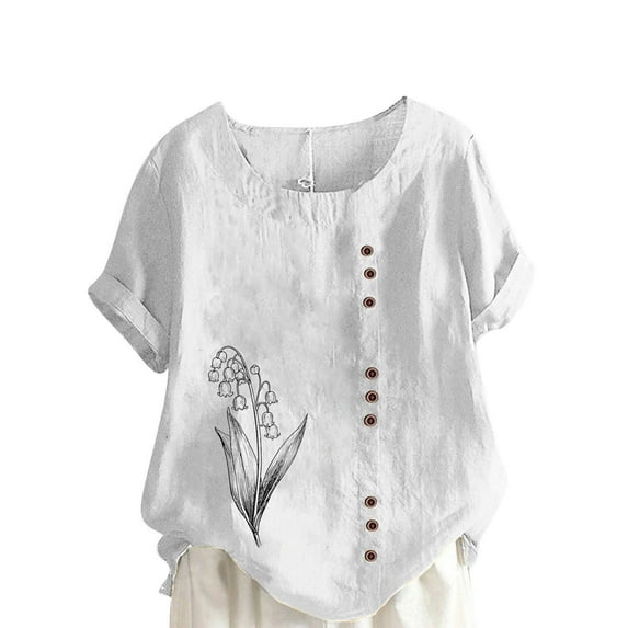 Fengactive Women's Short Sleeve Crew Neck Tops Printed Shirts Button Summer Blouses Tunic Trendy