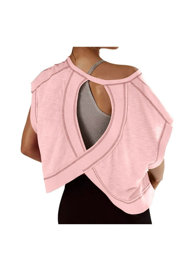 Women's Short Sleeve Workout Shirts Open Back Tops Casual Yoga Y2k Athletic Gym Slouchy Crop Running Tees