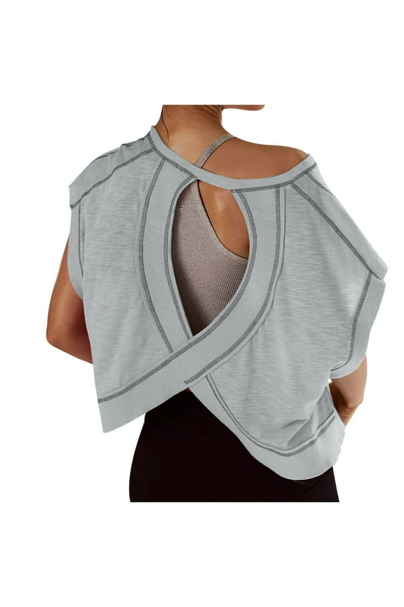 Women's Short Sleeve Workout Shirts Open Back Tops Casual Yoga Y2k Athletic Gym Slouchy Crop Running Tees