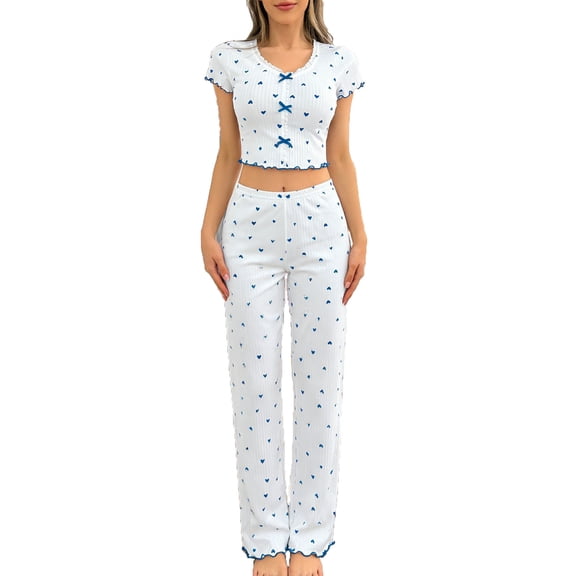 Fengactive Women's Slim Cropped Pajama Sets Valentine Bow Heart Short Sleeve Tops Pants 2PC Comfort Lounge V Neck Sleepwear