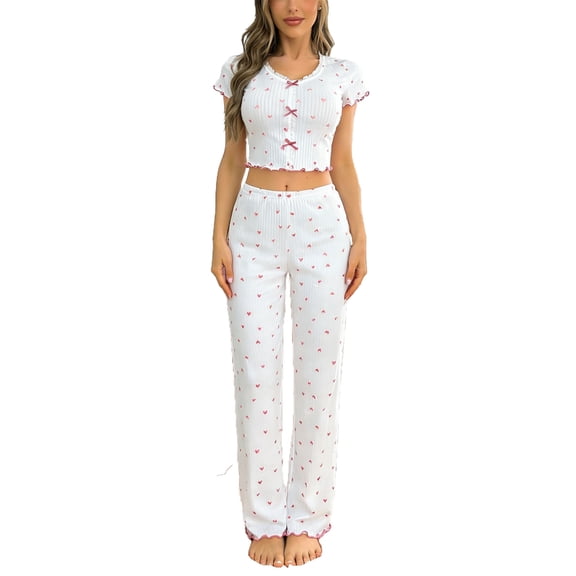 Fengactive Women's Slim Cropped Pajama Sets Valentine Bow Heart Short Sleeve Tops Pants 2PC Comfort Lounge V Neck Sleepwear