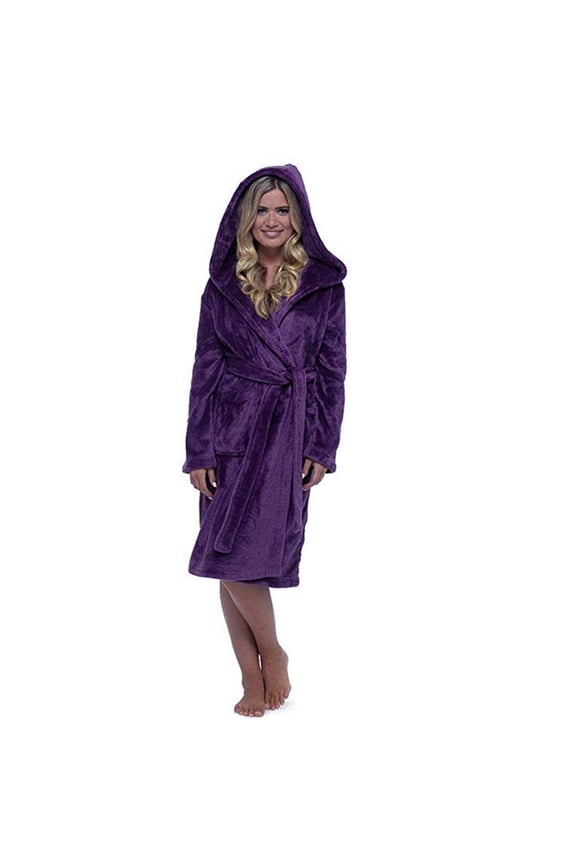 Women's Soft Plush Robe with Hood Long Plush Bathrobe Hooded Bath Robes Knee Length