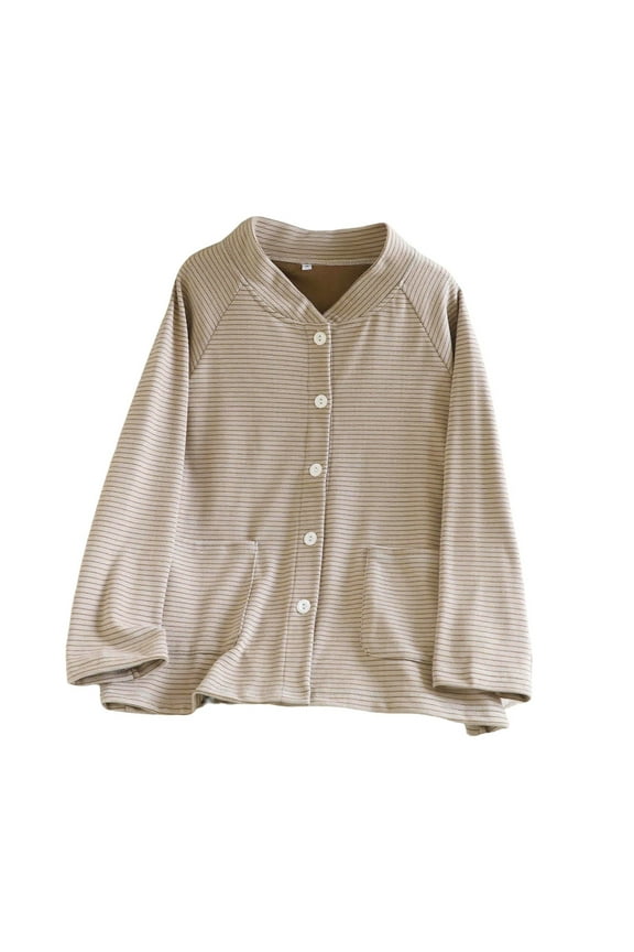 Women's Striped Pajama Tops V-Neck Button Down Sleepwear Long Sleeve Warm Thermal Jacket with Pockets