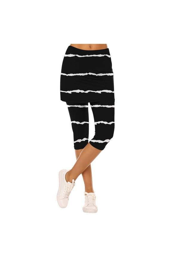 Women's Striped Print Yoga Skirted Capri Leggings Tennis Pants with Skirt for Running Workout Active