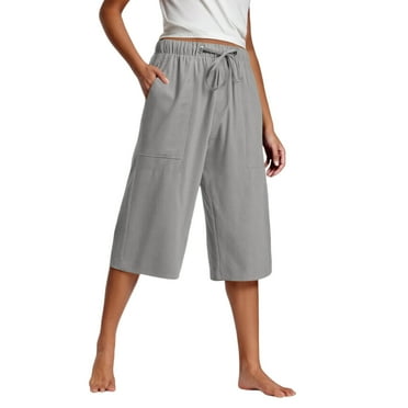 Fengactive Women's Summer Casual Loose Wide Leg Capri Pants Elastic Waist Casual Drawstring Capris with Pockets