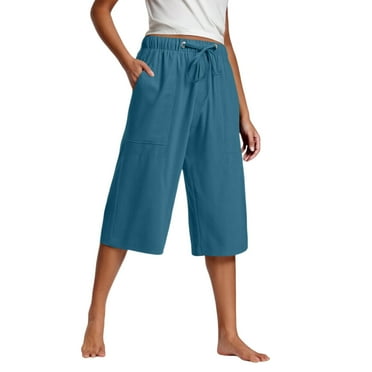 Fengactive Women's Summer Casual Loose Wide Leg Capri Pants Elastic Waist Casual Drawstring Capris with Pockets