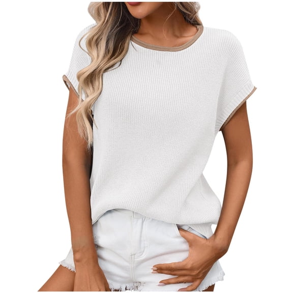 Fengactive Women's Summer Short Sleeve Ribbed Knit Slim Fit T Shirt Crewneck Basic Casual Color Block Tee Tops