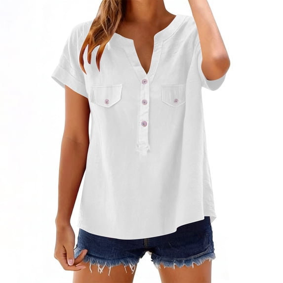 Fengactive Women's Summer Short Sleeve V Neck Button Down Tops Dressy Casual Oversized Tshirts