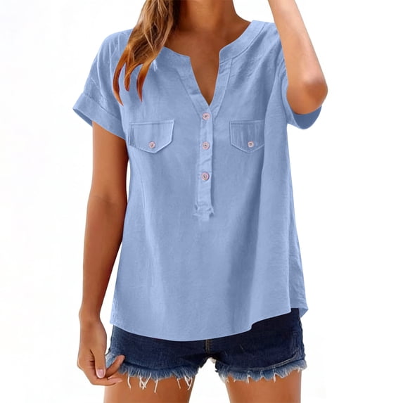 Fengactive Women's Summer Short Sleeve V Neck Button Down Tops Dressy Casual Oversized Tshirts