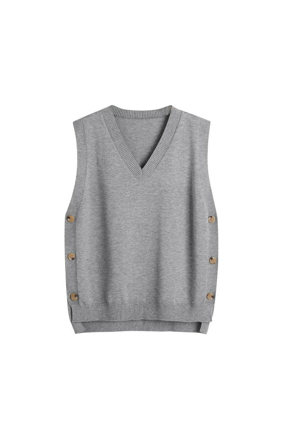 Women's Sweater Vest V Neck Sleeveless Pullover Knit Vest Casual Solid Button Down Side Sweaters Tops