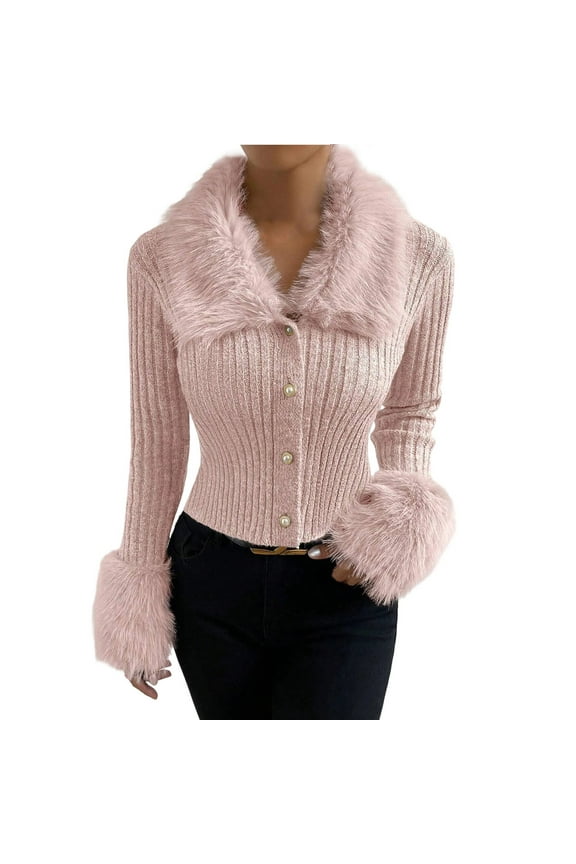 Women's Sweaters Plush Button Down Long Sleeve Rib Knit Solid Color Cardigan Sweater