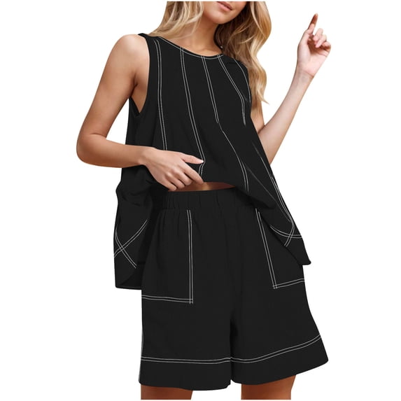 Fengactive Women's Two Piece Short Set Drawstring Elastic Waist Pants Round Neck Tank Tops Comfy Sweatsuit