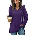 thumbnail image 1 of Fengactive Women’s V-Neck Hoodies Long Sleeve Side Slit Sweatshirts Casual Solid Color Drawstring Pullover Top with Pocket, 1 of 7