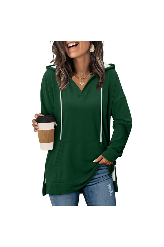 Women’s V-Neck Hoodies Long Sleeve Side Slit Sweatshirts Casual Solid Color Drawstring Pullover Top with Pocket