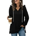 thumbnail image 1 of Fengactive Women’s V-Neck Hoodies Long Sleeve Side Slit Sweatshirts Casual Solid Color Drawstring Pullover Top with Pocket, 1 of 7