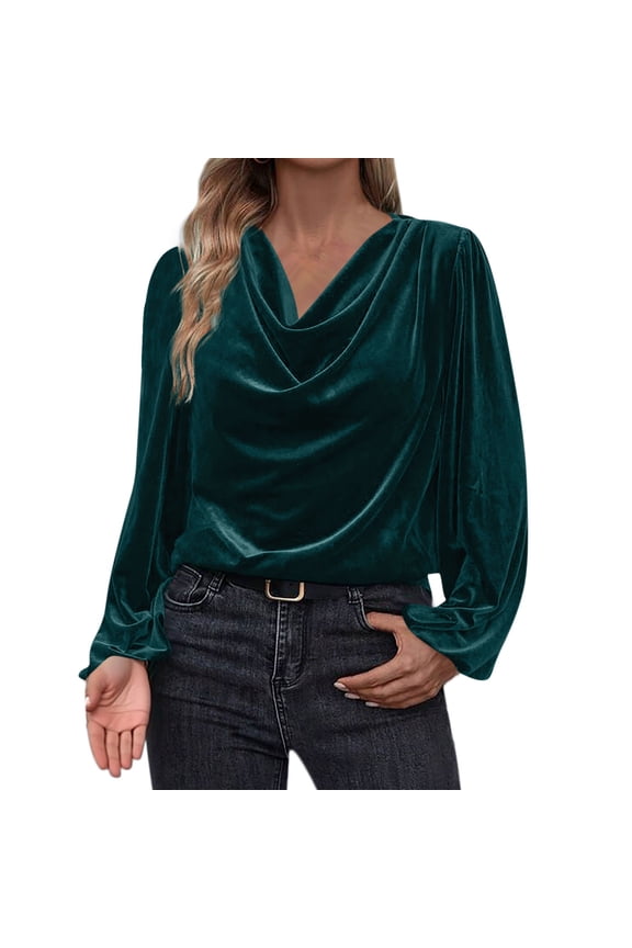 Women's Velvet T Shirts Casual Long Sleeve Solid Shirt Cowl Neck Drape Ruched Front Long Sleeve Blouses Tops