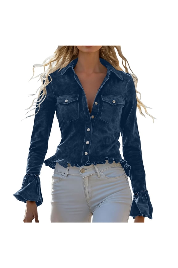 Women's Vintage Western Shirt Classic Button Up Lapel Collar Ruffle Long Sleeve Blouse Dressy Casual Top