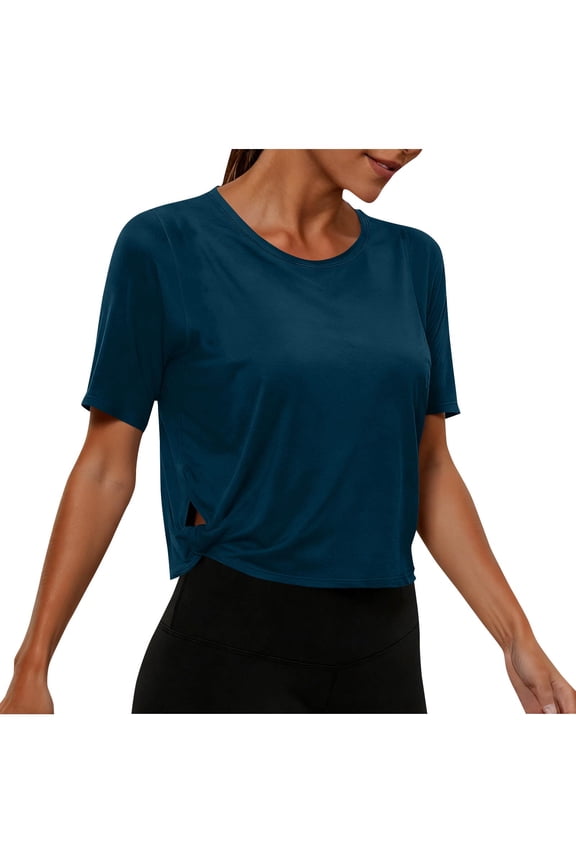 Women's Workout T-Shirts Loose Fit Short Sleeve Running Basic Tee Tops with Split Hem