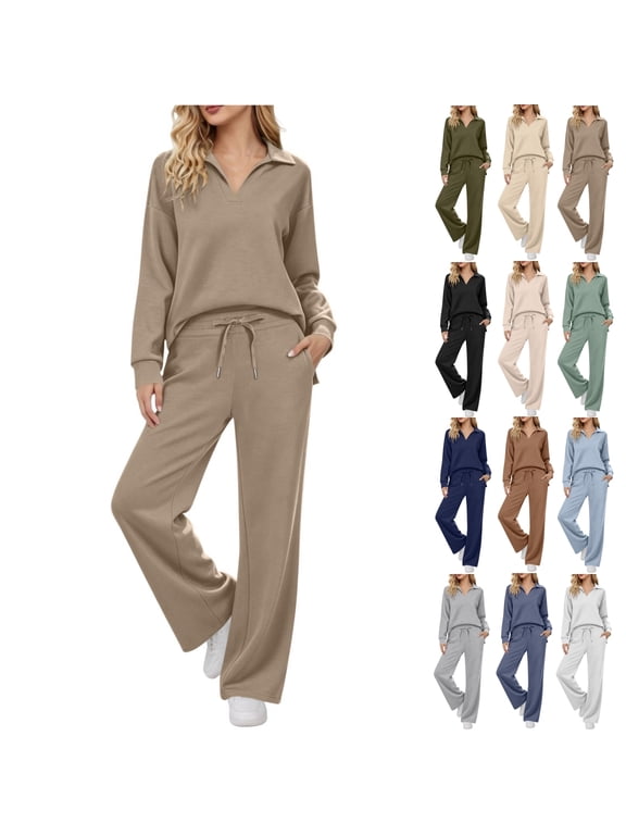 Fengactive Womens 2 Piece Lounge Set Long Sleeve Collared Top and Drawstring Wide Leg Pants